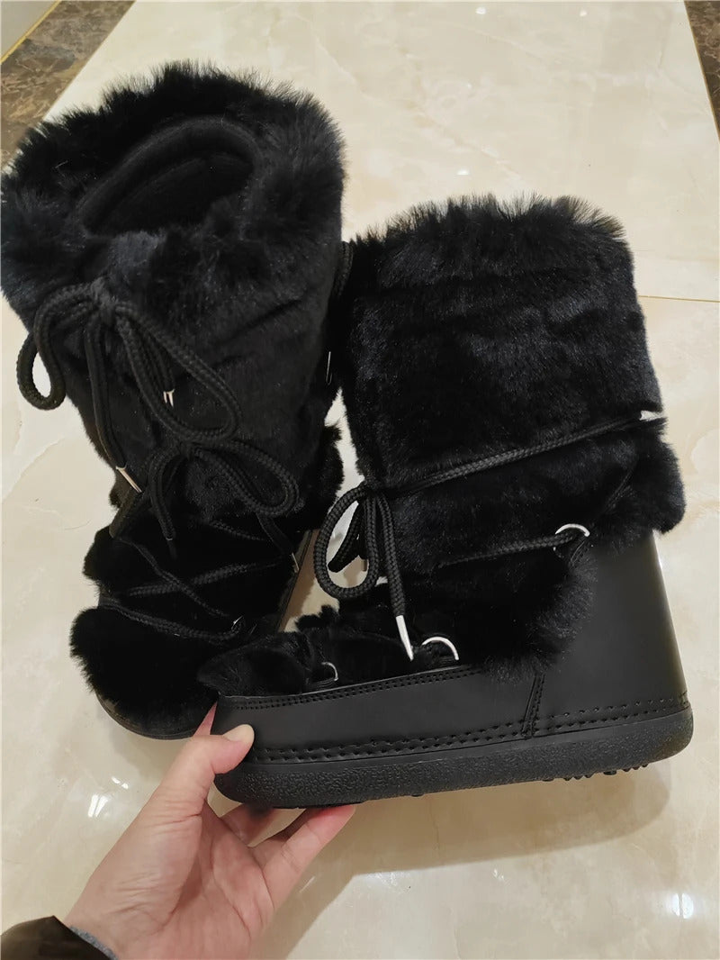 Fluffy Fur Boots 2024 Winter Fashion Sexy Faux Fox Fur Snow Boots Ladies Furry Warm Cotton Boots Female Outdoor Ski Boots