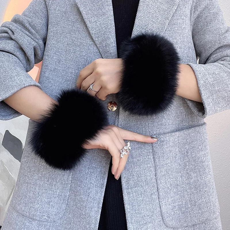 Natural Fox Fur Cuffs Wrist Arm Warmer Women Jacket Coat Sleeve Fur Triming Ladies Bracelet Real Fur Wristand Glove Snap Ring