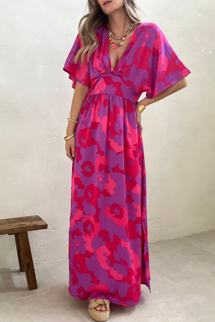 Abstract Floral Print V Neck Dolman Maxi Dress