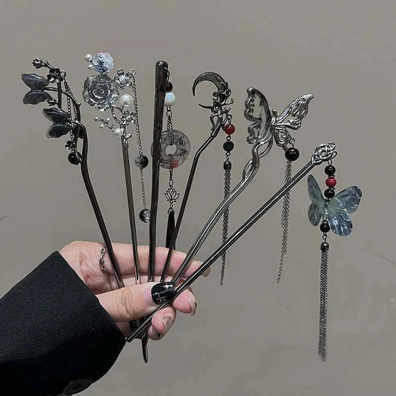 2024 New Chinese Style Butterfly Flower Tassel Hair Stick for Women Vintage Metal Hanfu Chopstick Hair Sticks Hair Accessories