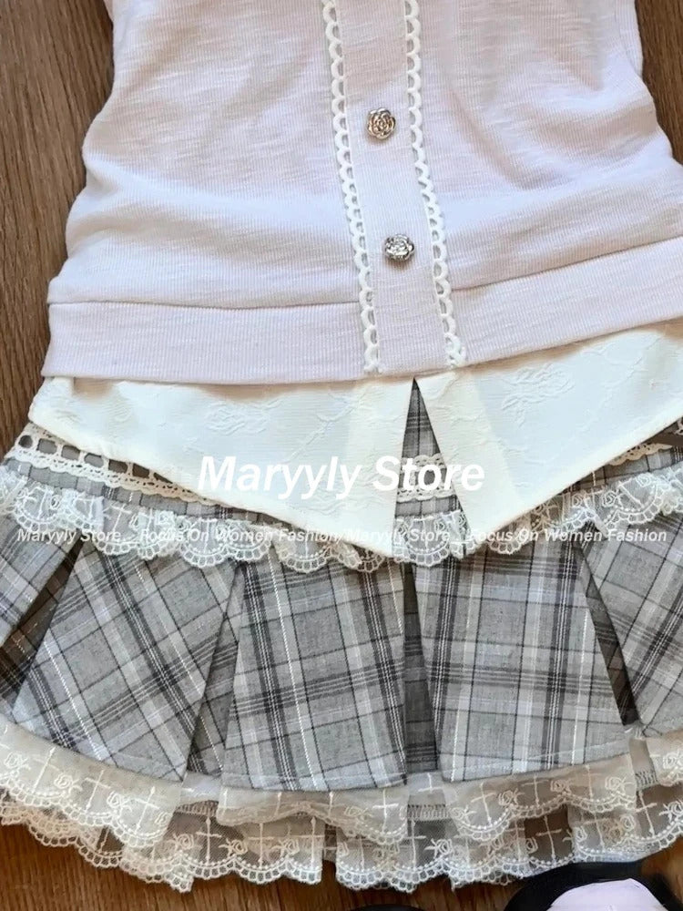 Japanese Sweet Preppy Style Skirt Set Women Kawaii Lace Patchwork Bow Tops + Y2k Plaid Mini Skirt Elegant Outifits 2 Piece Set