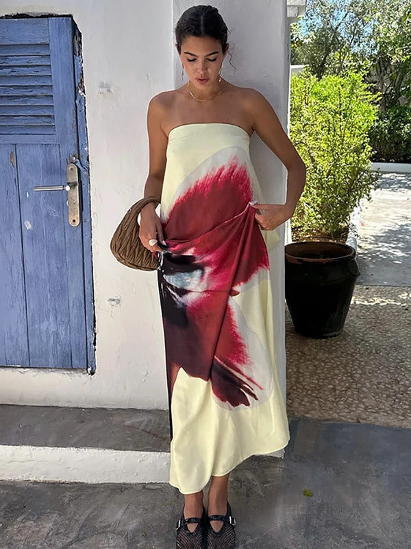 JULISSA MO Sexy Strapless Print Floral Belt Women Maxi Dress Yellow Backless Vacation Dress Autumn Loose Elegant Party Beachwear