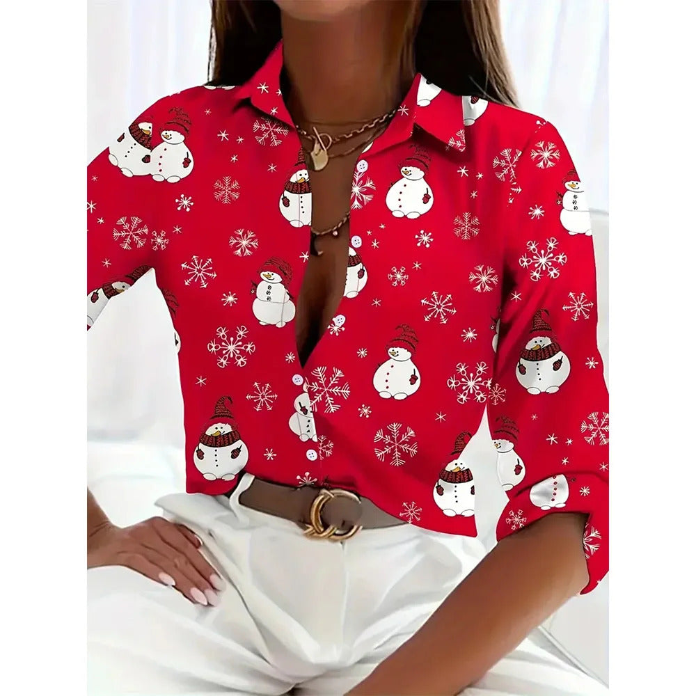 Women's 2024 New 3d Christmas Printed Long Sleeve Shirts Elegant Lapel Long Sleeve Top Winter Spring Single-Breasted Basic Shirt