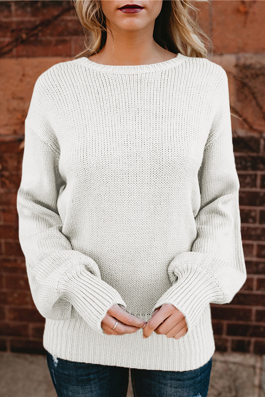 White Drop Shoulder Back Cut-out Sweater with Tie