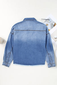 Sky Blue Sequin Patchwork Flap Pockets Raw Hem Denim Jacket