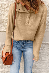 Khaki Buttoned Turn Down Collar Comfy Ribbed Sweater