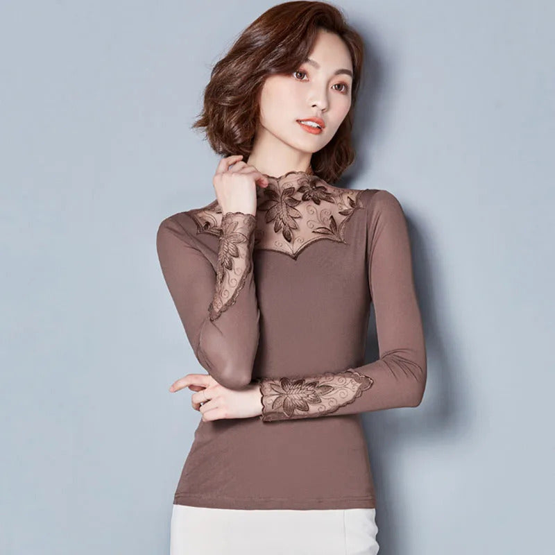 Hollow Out Women Spring Autumn Style Lace Blouses Shirts Casual Long Sleeve Patchwork Spliced Turtleneck Blusas Tops DF1491