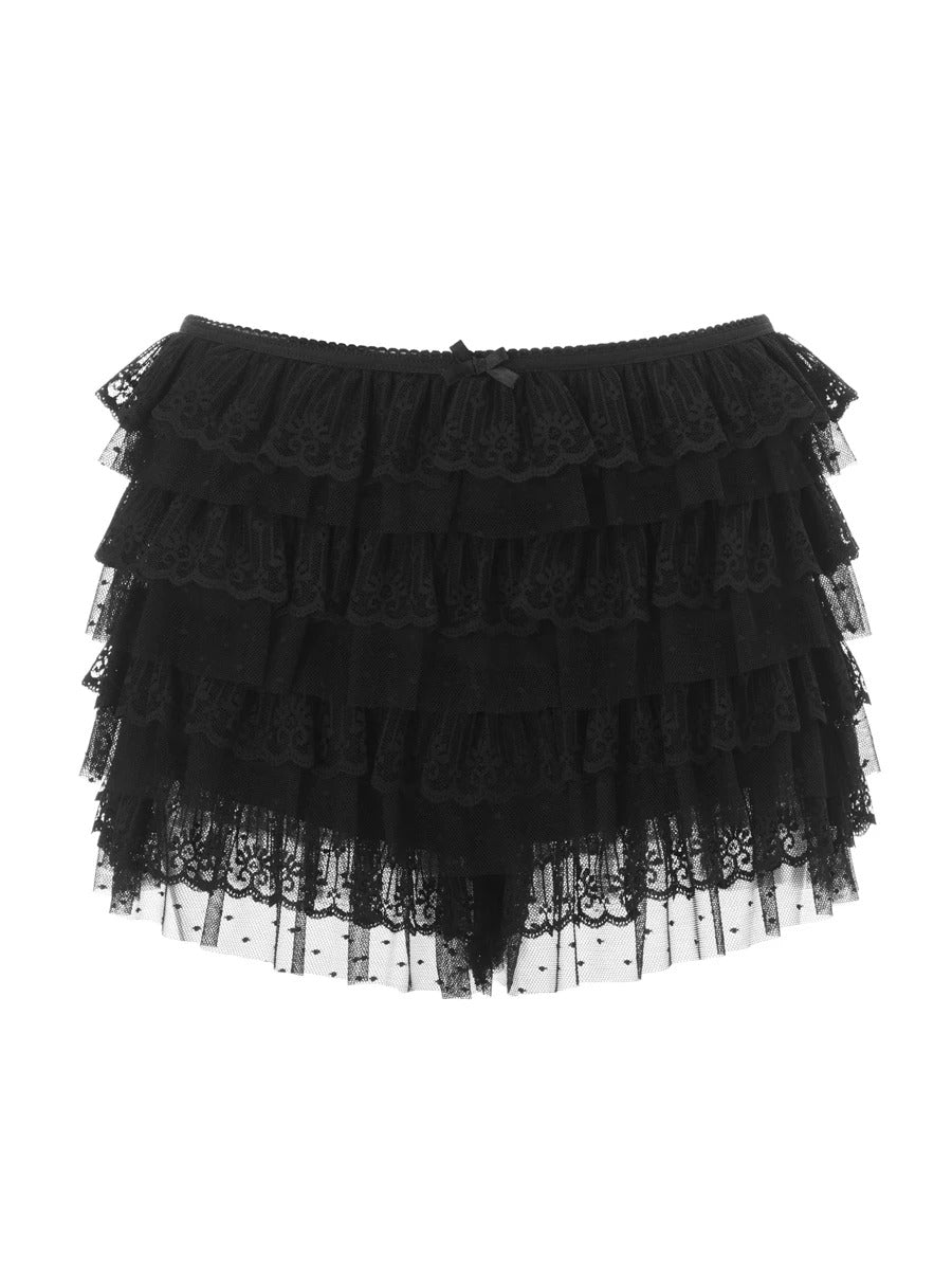 Women Mesh Lace Bloomer Shorts Y2k Layered Ruffle Frilly Booty Shorts Fairy Bowknot Sexy Boy Shorts Panties Party Clubwear