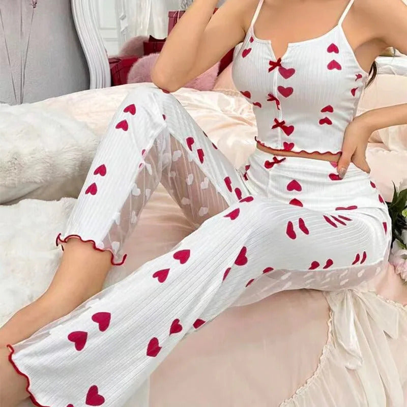 Hot Selling Womens Pajamas Set Sleepwear 2PCS Short Tank Tops And Shorts White Ventilate Soft Casual Red Love Printing Sleepwear