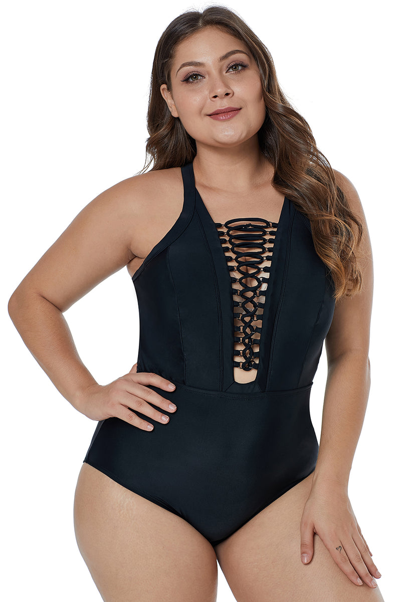 Solid Black Crisscross Plunge V Neck Plus Maillot Swimwear