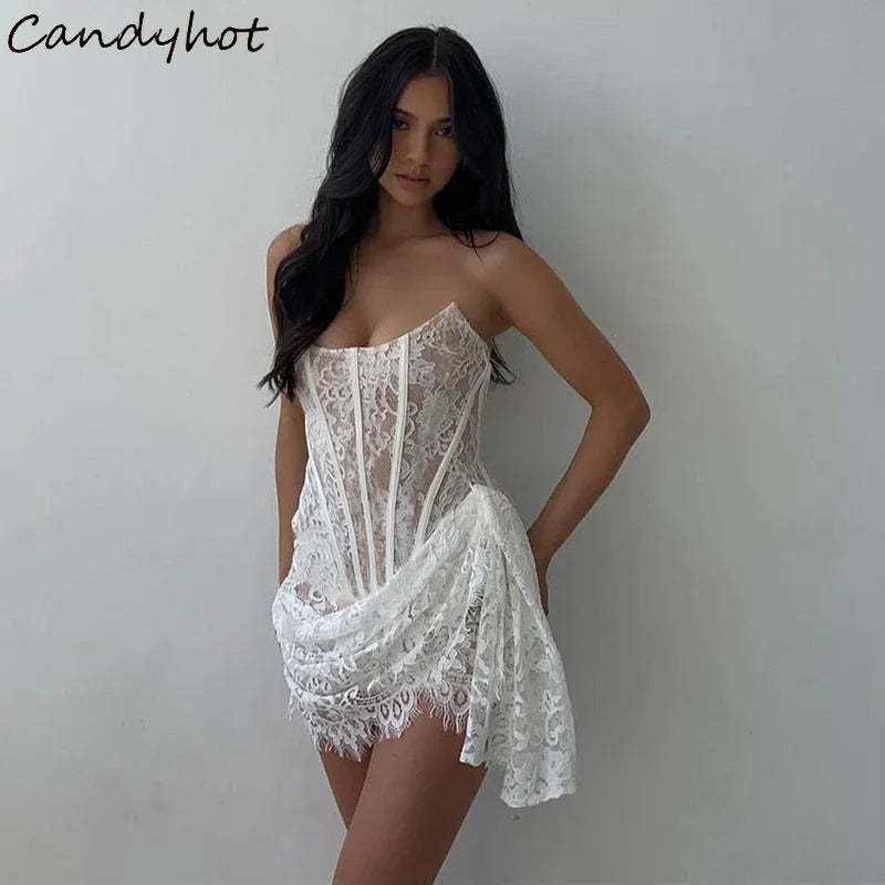 Candyhot Elegant Lace Strapless Sexy See-through Dress Bandage Irregular Mini Dress For Women Summer Slim Street Party Dress