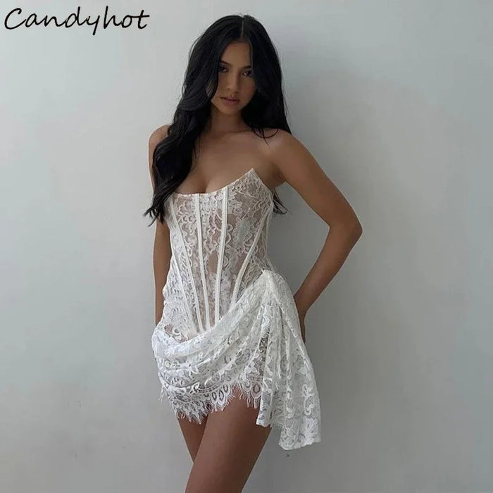 Candyhot Elegant Lace Strapless Sexy See-through Dress Bandage Irregular Mini Dress For Women Summer Slim Street Party Dress