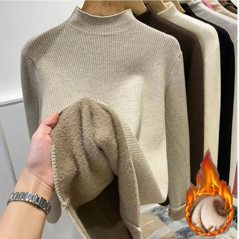 Turtleneck Winter Sweater Women Elegant Thicken Velvet Lined Warm Sueter Knitted Pullover Slim Tops Jersey Knitwear Jumper New