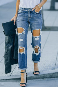 Sky Blue Cut Out Straight Leg Distressed Boyfriend Jeans