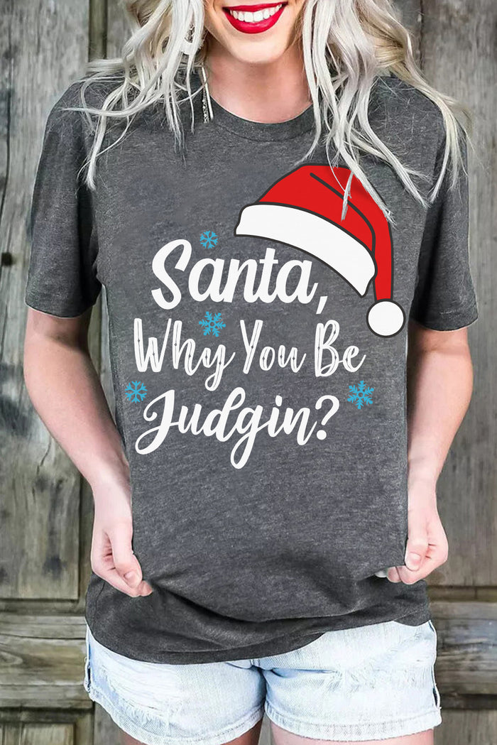 Gray Christmas Santa Hat Snowflake Slogan Graphic Tee