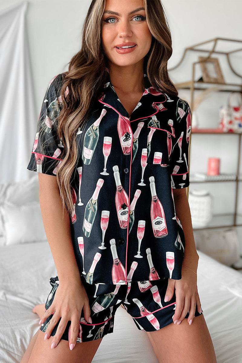 Black Champagne Print Silky Short Sleeve Pajamas Set