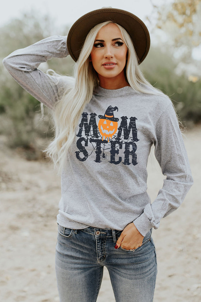 Gray MOM STER Halloween Pumpkin Graphic Crew Neck Top