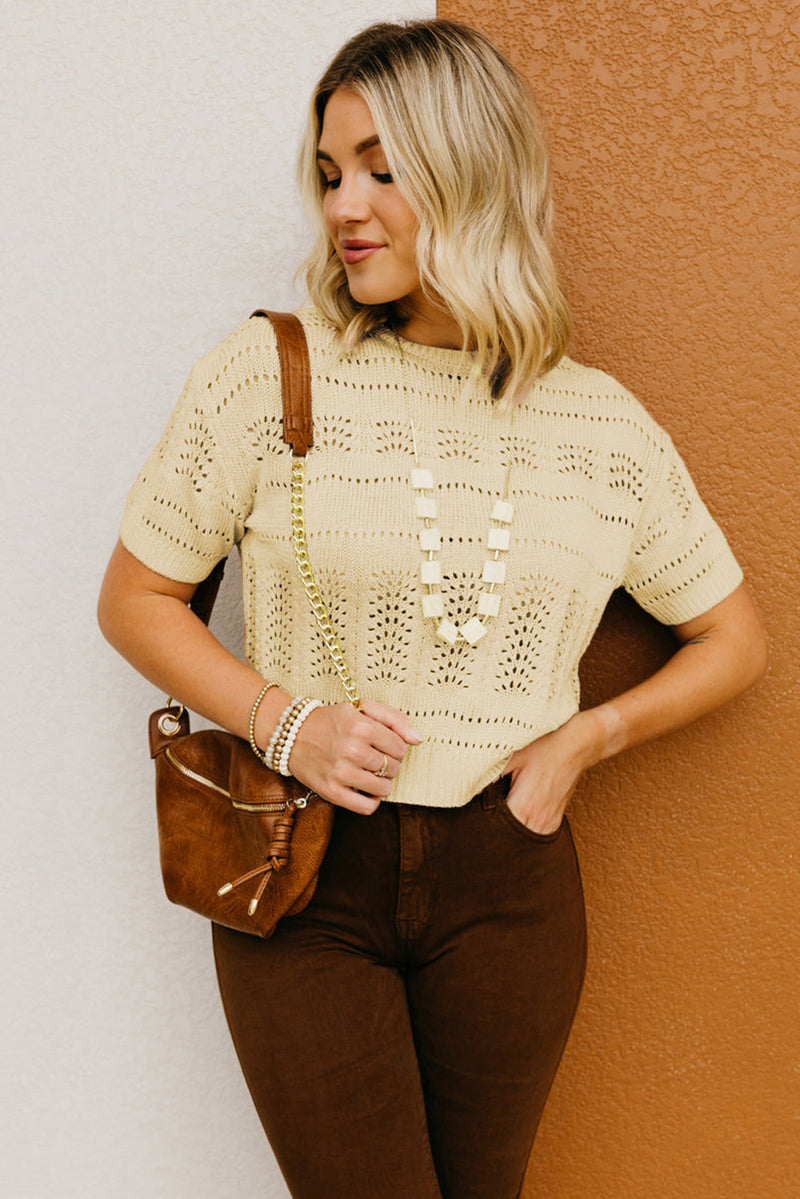 Beige Knitted Hollow out Short Sleeve Crop Sweater