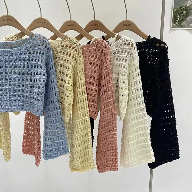 Long Sleeve Crochet Knit Top Summer Beach Bikini Cover Up Crop Pullover Wool Knitwear Blouse Women Vacation Boho Outfit