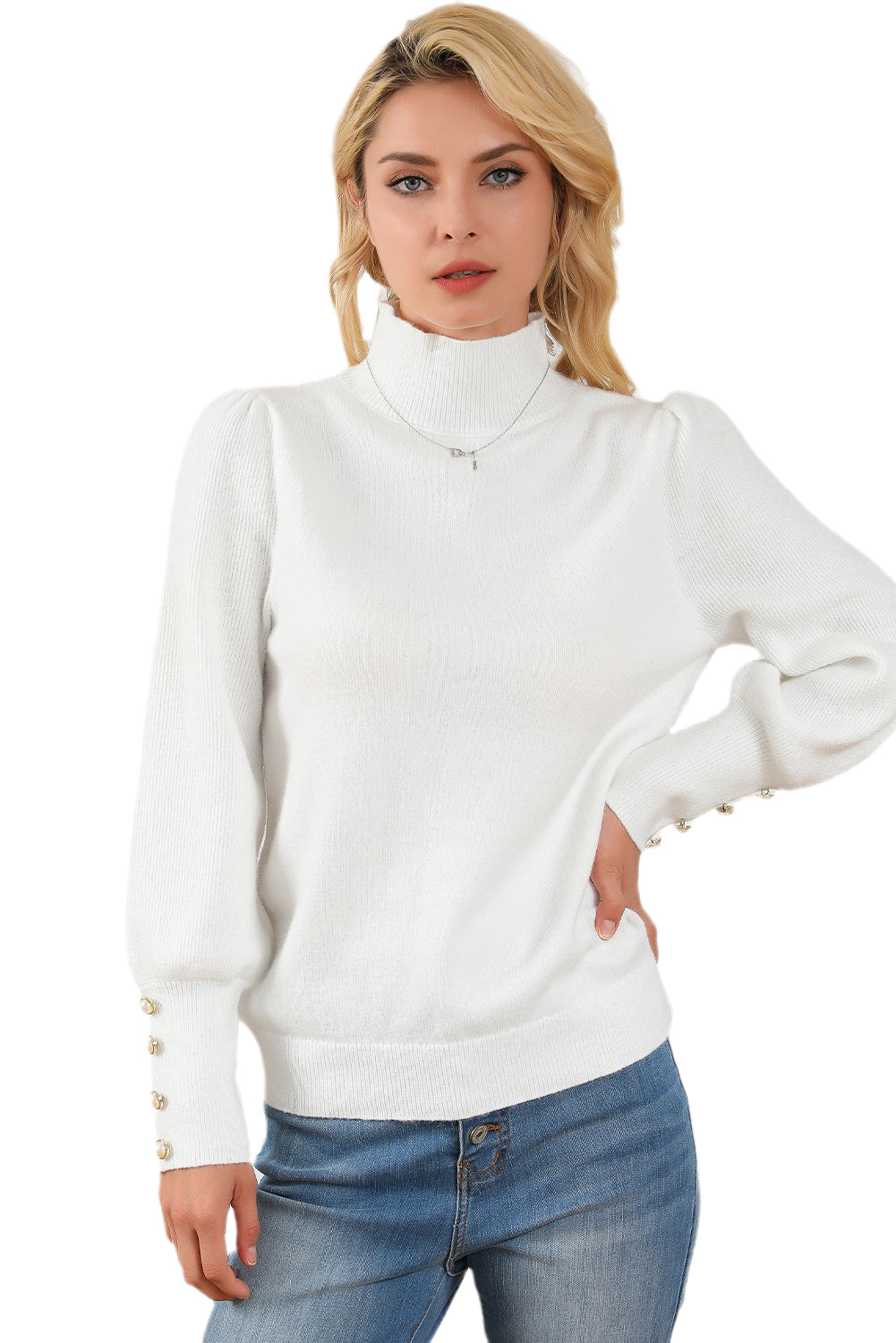 White Button Ribbed Puff Sleeve High Neck Sweater