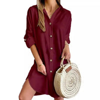 Solid Color Button Front Shirt Dress Casual Long Sleeve Lapel Dress For Spring & Fall Women's Clothing