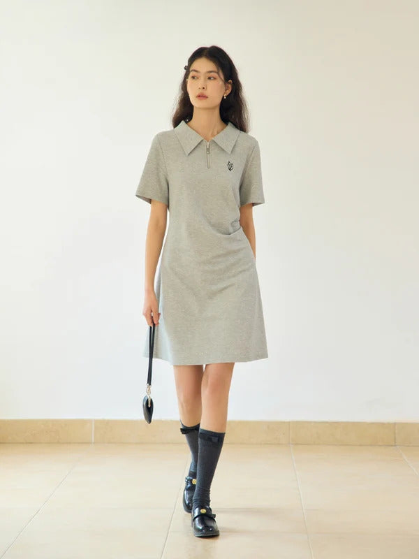 DUSHU Polo Dress Cotton Summer Long Women T Shirt Dress A-LINE Skirts Pleated Design Knee-Length Dress 24DS82109+24DS82316