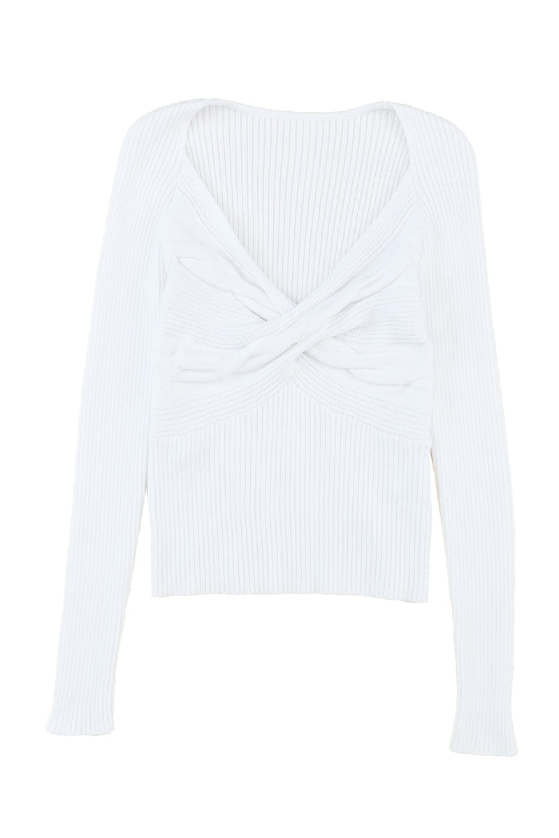 White Cable Crossed V Neck Sweater