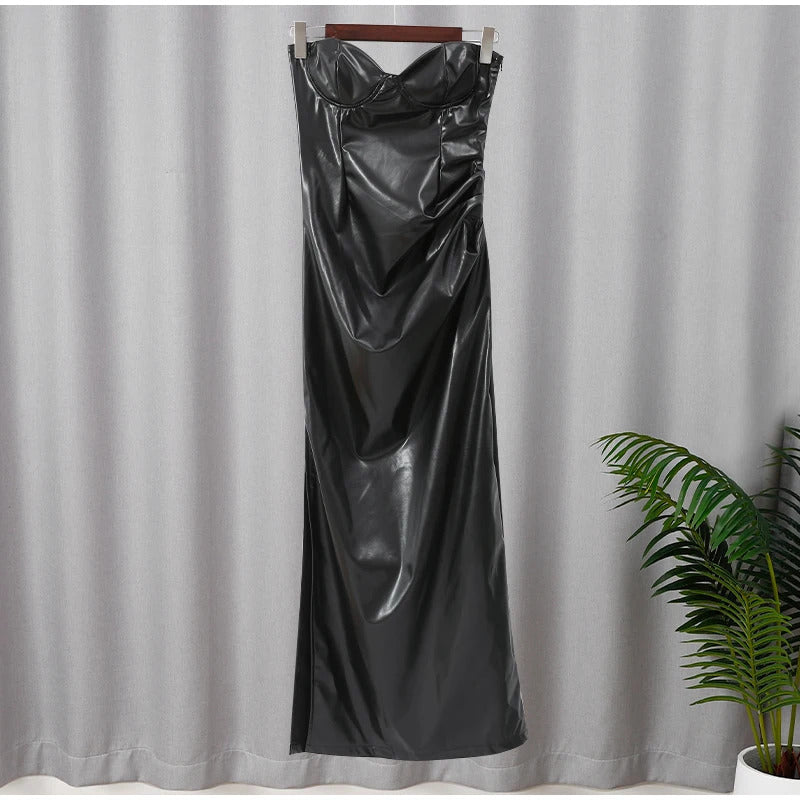 Vegan Leather Midi Dress Zipper Wrinkle Slim Bra Dress Sleeveless Backless Split High Waist Dresses 2024 Lady Evening Party Robe