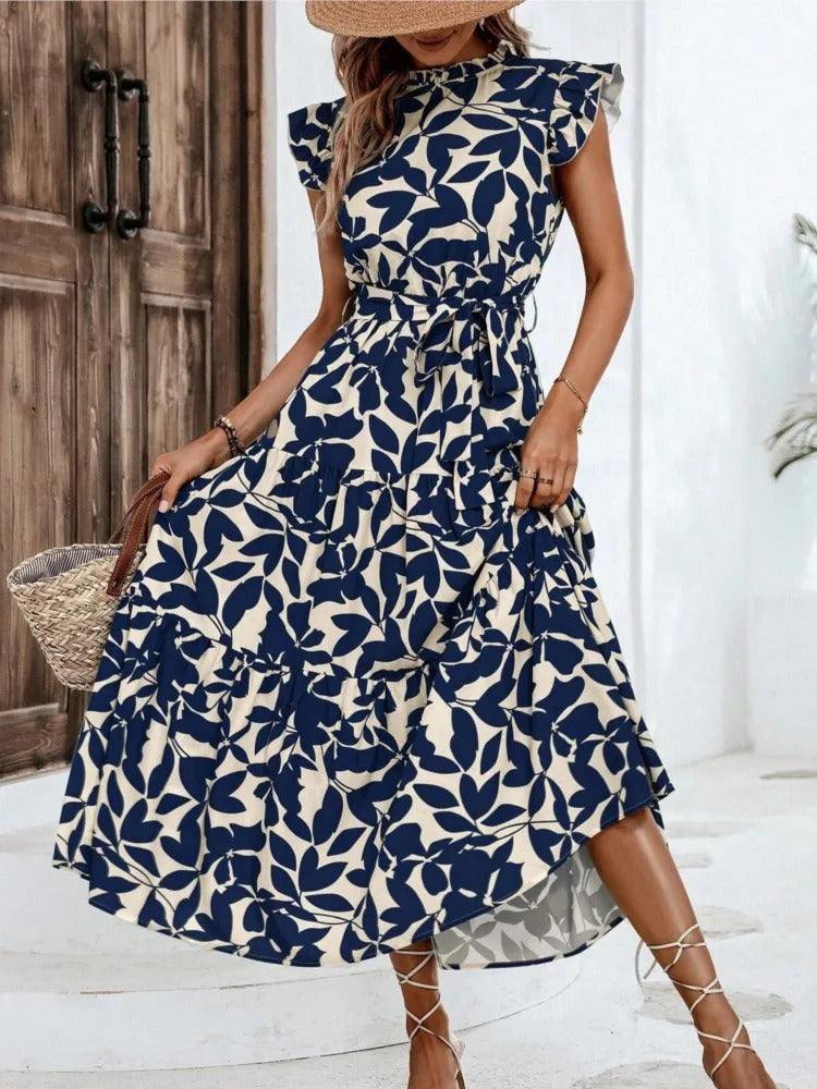 Elegant Women's Flower Midi Dress New Summer Fashion Stand Collar Flying Sleevel Lace Up Dress Casual Beach Holiday Dresses Robe