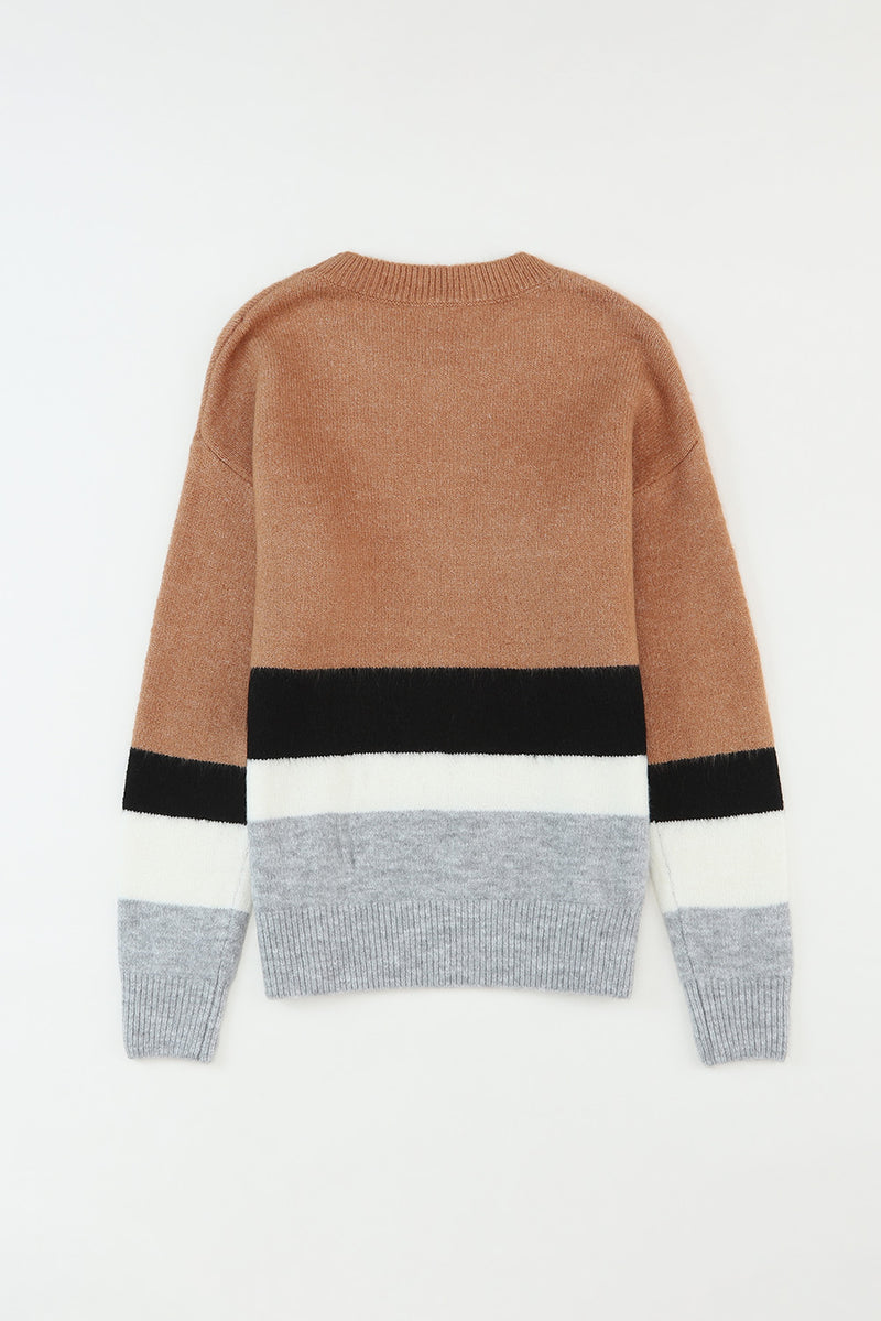 Brown Color Block Striped Ribbed Knit Sweater