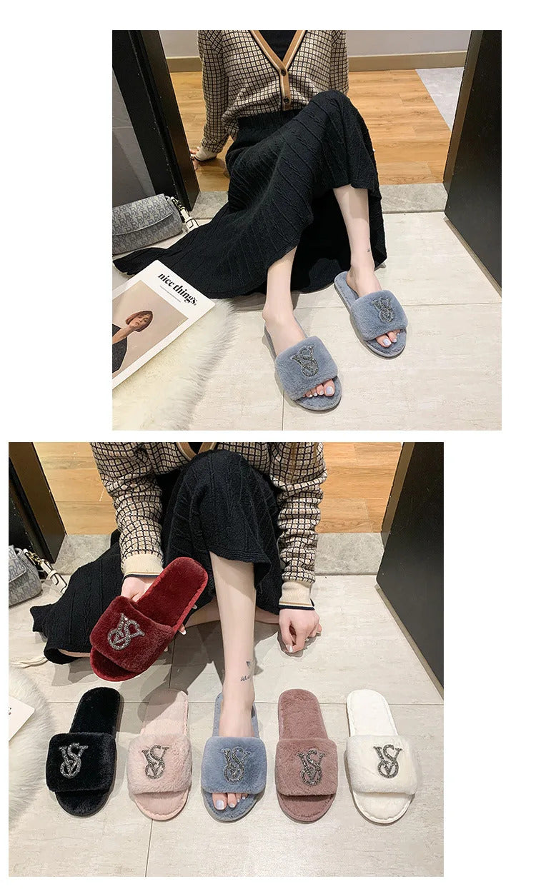 Female Home Cotton Slippers Women Autumn Winter Hairy Warm Footwear Fashion Letter Rhinestones Sandals Woman Casual Flat Shoes