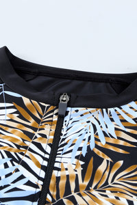 Leaves Print Zip-up Long Sleeve Surf Rash Guard Swimwear