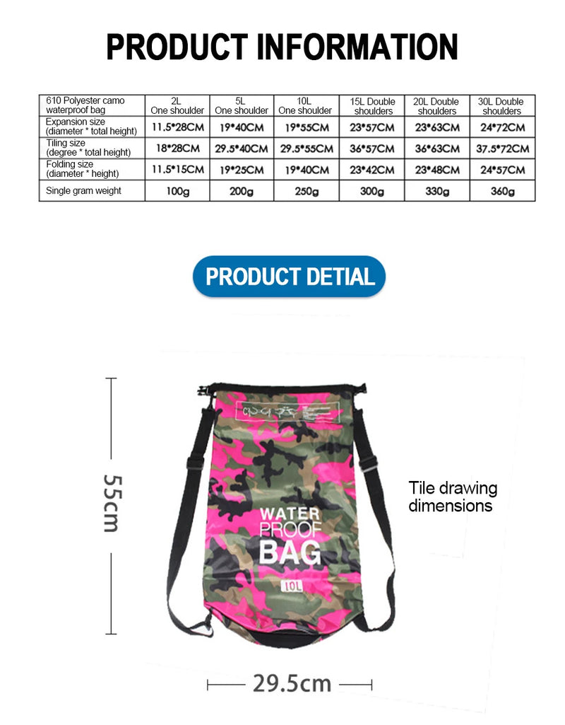 2/5/10/15/30L Outdoor Camouflage Waterproof Dry Bags Portable Rafting Diving Dry Bag Sack PVC Swimming Bags for River Trekking