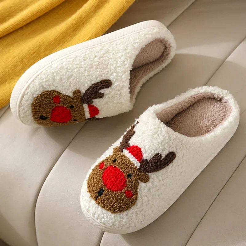 Christmas Elk Cotton Slippers for Women Men Winter Cute Cartoon Home Non Slip Couple Floor Slides Indoor Plush Shoes 20