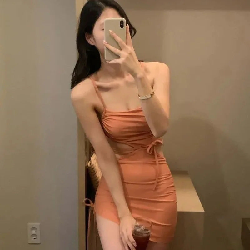 Sexy One Piece Dress Swimsuit Women Cut Out Bathing Suit Swimwear Monokini Bandeau Bathing Suit Korean Padded Beach Wear Orange