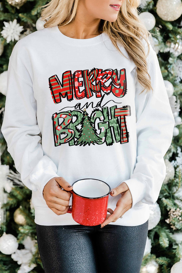 White Merry Bright Christmas Graphic Print Pullover Sweatshirt