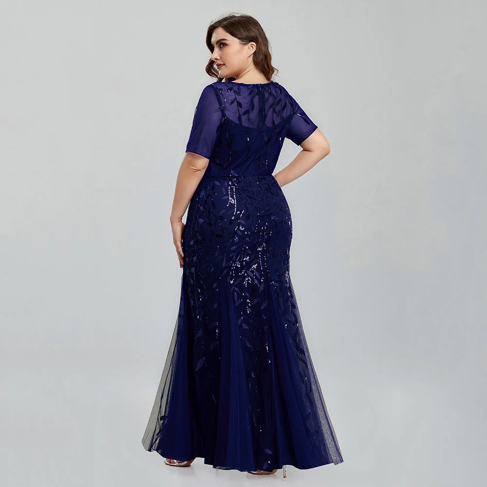 Women Plus Size Sequin Mesh Embroidery Mermaid  Evening Dress Formal Short Sleeve Elegant Party Prom Gowns 2020 New Long Dress