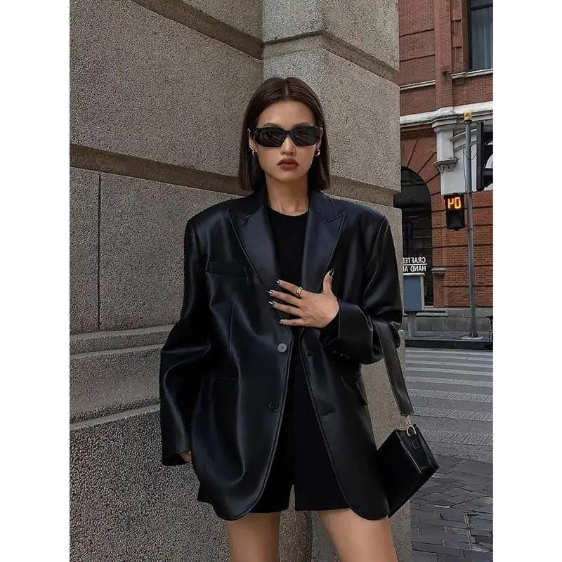 Brown Soft PU Leather Blazer Jacket Motorcycle Long Sleeve Single Breasted Casual Coats Tops 2024 Autumn New High Streetwear