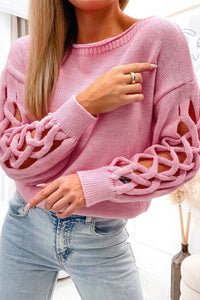 Pink Woven Hollowed Dropped Sleeve Sweater