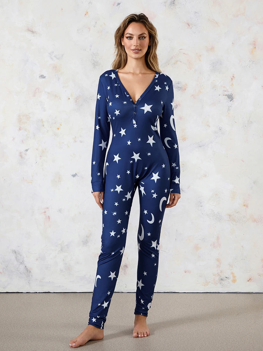 Back Buttoned Flap Pajamas Jumpsuit for Women Christmas Sleepwear Fall Winter Printed Long Sleeve Rompers Loungwear Outfit