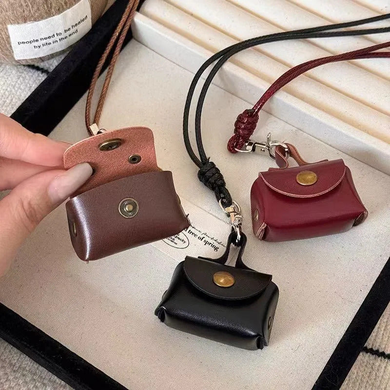 LATS Retro Cute Small Leather Bag Long Necklace for Women Fashion Sweater Chain Neck Hanging Jewelry Versatile Accessory Gift