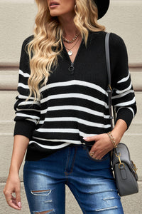 Black Striped Zipper Knit Sweater