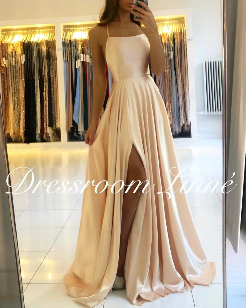 FATAPAESE Prom Dress Spandex satin Slit Side Dress A-LINE Scoop Stretch Slip Satin High Split Long Simple Evening Party