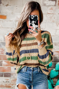 Tan Striped Hollowed Knitted Loose Sweater