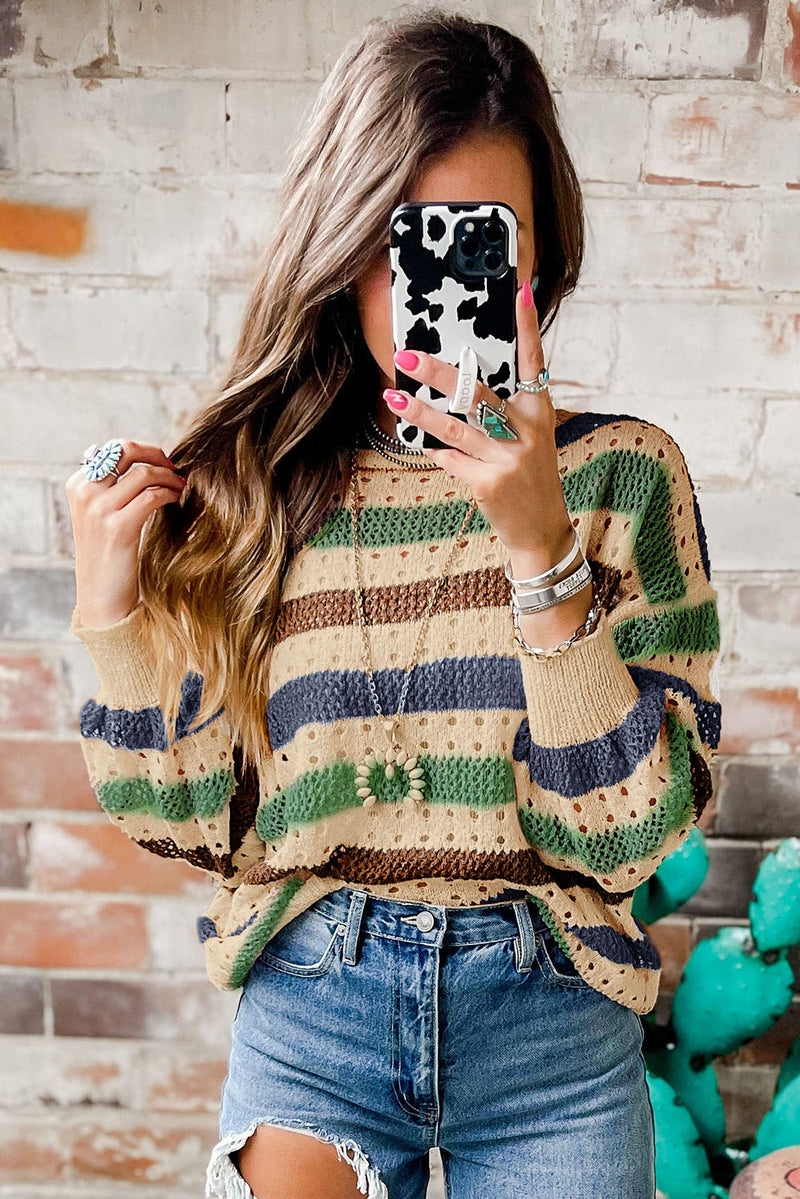 Tan Striped Hollowed Knitted Loose Sweater