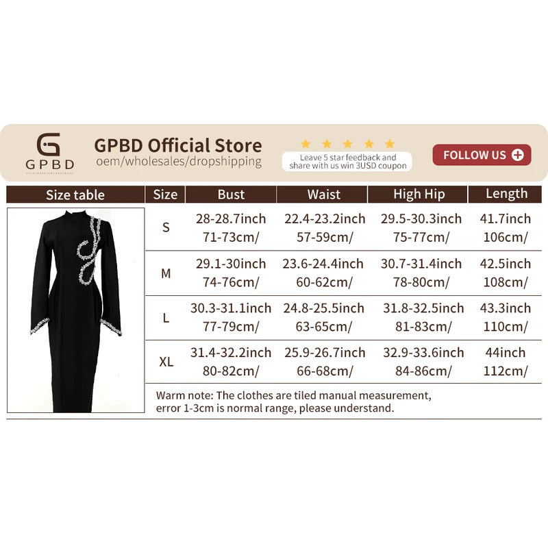 GPBD 2024 New Black Slim and Slim Beaded Long Sleeve Bandage Dress Long Dress  Maxi Dresses for Women