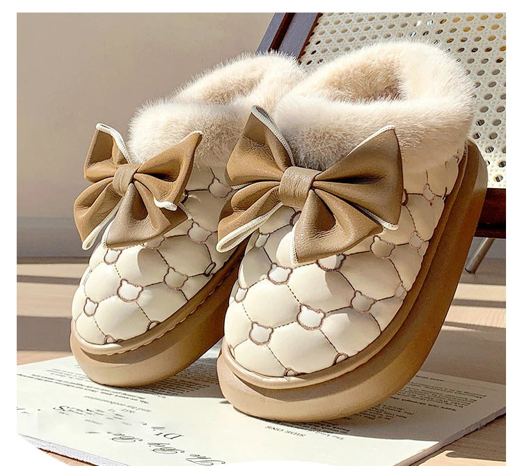 Platform Ankle Boots Female Bowknot Designer Winter Snow Booties Indoor Fluffy Slippers Women House Flats Fashion Footwear Warm