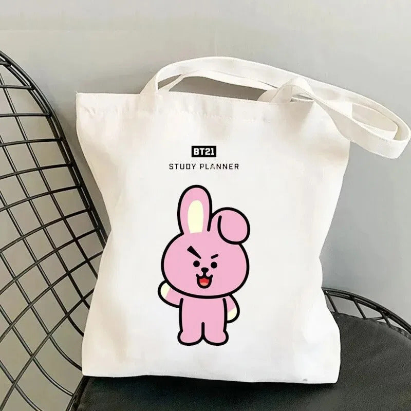 Anime Cartoon Rabbit Shoulder Bag for Women Harajuku Resuable Shopping Bags Female Street Style White Canvas Shopper Handbags