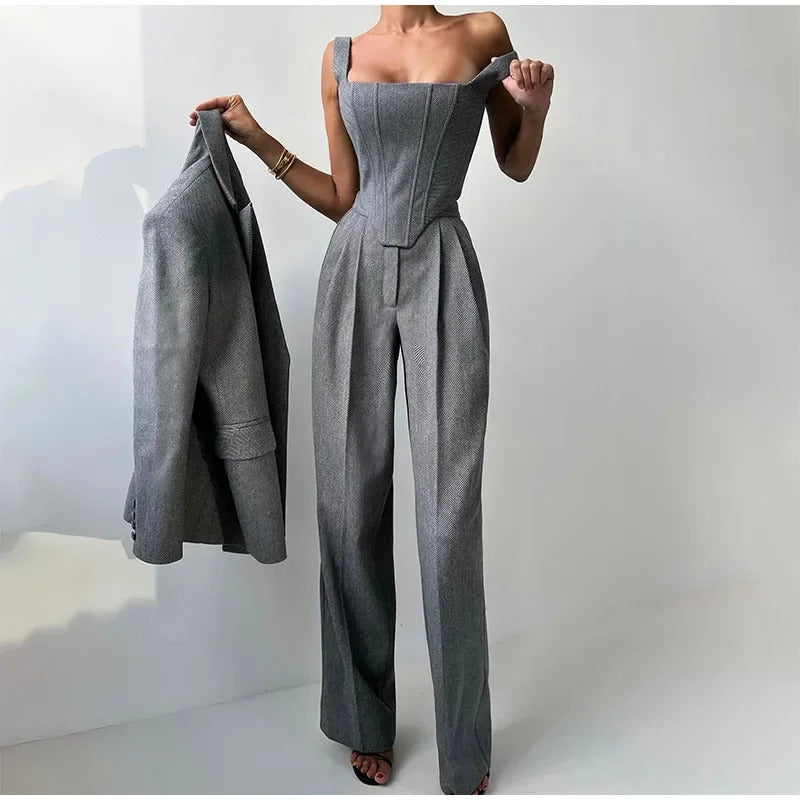 Fashion Grey Pants Sets For Women 3 Pieces Elegant Long Sleeve Belt Blazer Tank Top With High Waist Wide Trousers Lady Suits