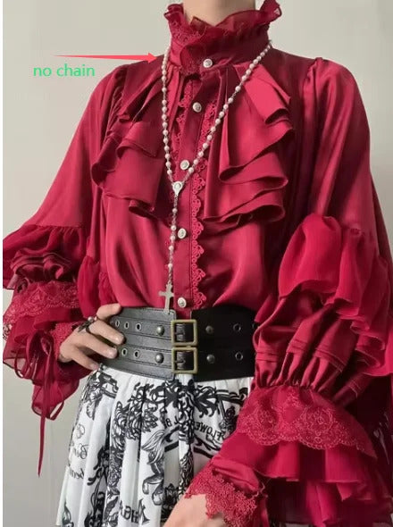 Gothic Shirt Y2k Top Lolita Girls Ruffle Umbrella Skirt High Waist Oversized Long Skirt Horn Long Sleeve Student Elegant Blouse